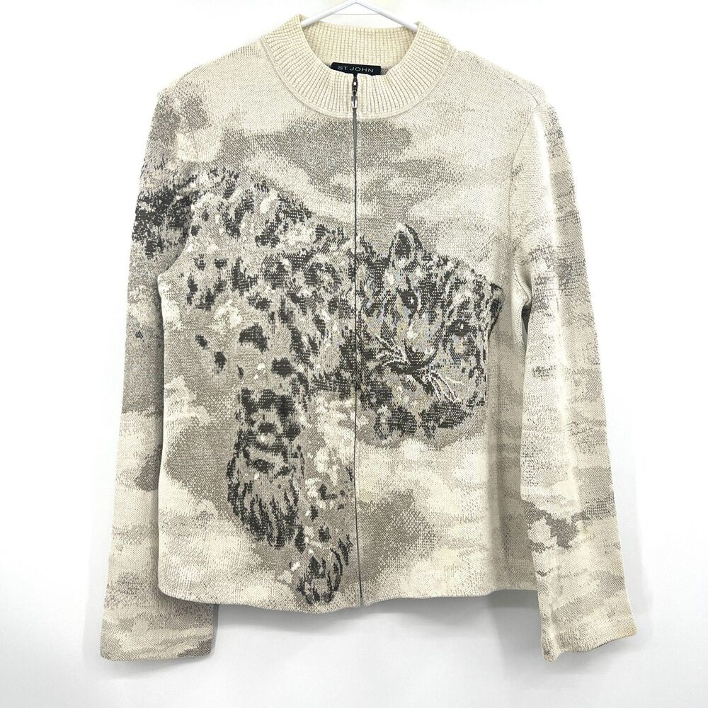 St. John Leopard Knit Zip Cardigan Jacket Womens M Ivory Gray Metallic Sparkle